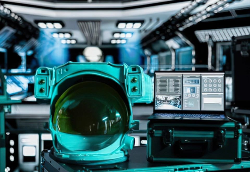 Futuristic astronaut helmet with cyan visor in high-tech environment